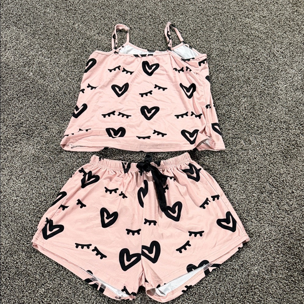 SHEIN Pink Heart & Lashes Cami Pajama Set